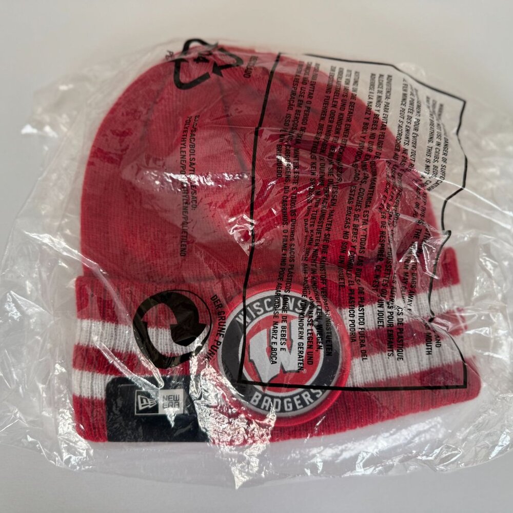New Era Wisconsin Badgers Beanie Hat Red White 2 Striped Knit Remix Cuff Knit - Picture 7 of 7